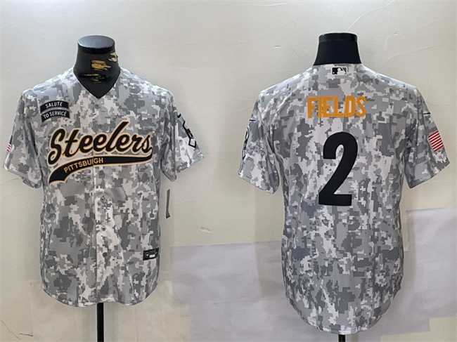 Men%27s Pittsburgh Steelers #2 Justin Fields 2024 Arctic Camo Salute To Service Stitched Baseball Jersey